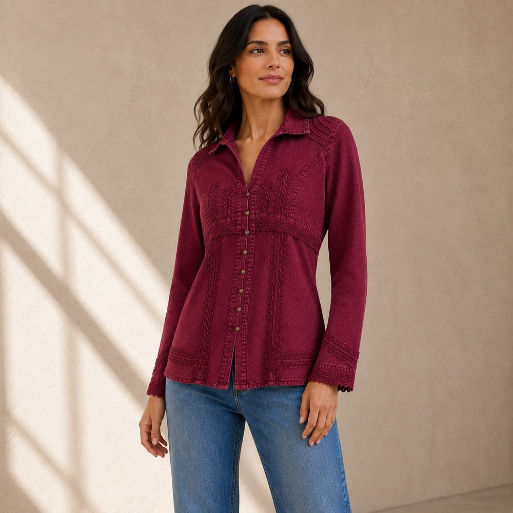 Novica Embroidered Cotton Blouse Berry Boho Romantic Y2K Made in Peru Women's S